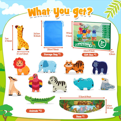 IPOURUP Animals Montessori Toddler Toys 3 4 5 6 7 8 Year Old Boys Girls Wooden Animal Blocks Stacking Toy Kids Birthday Gifts for Boy Girl Age 3-7 Educational Toys Fine Motor Balance Game