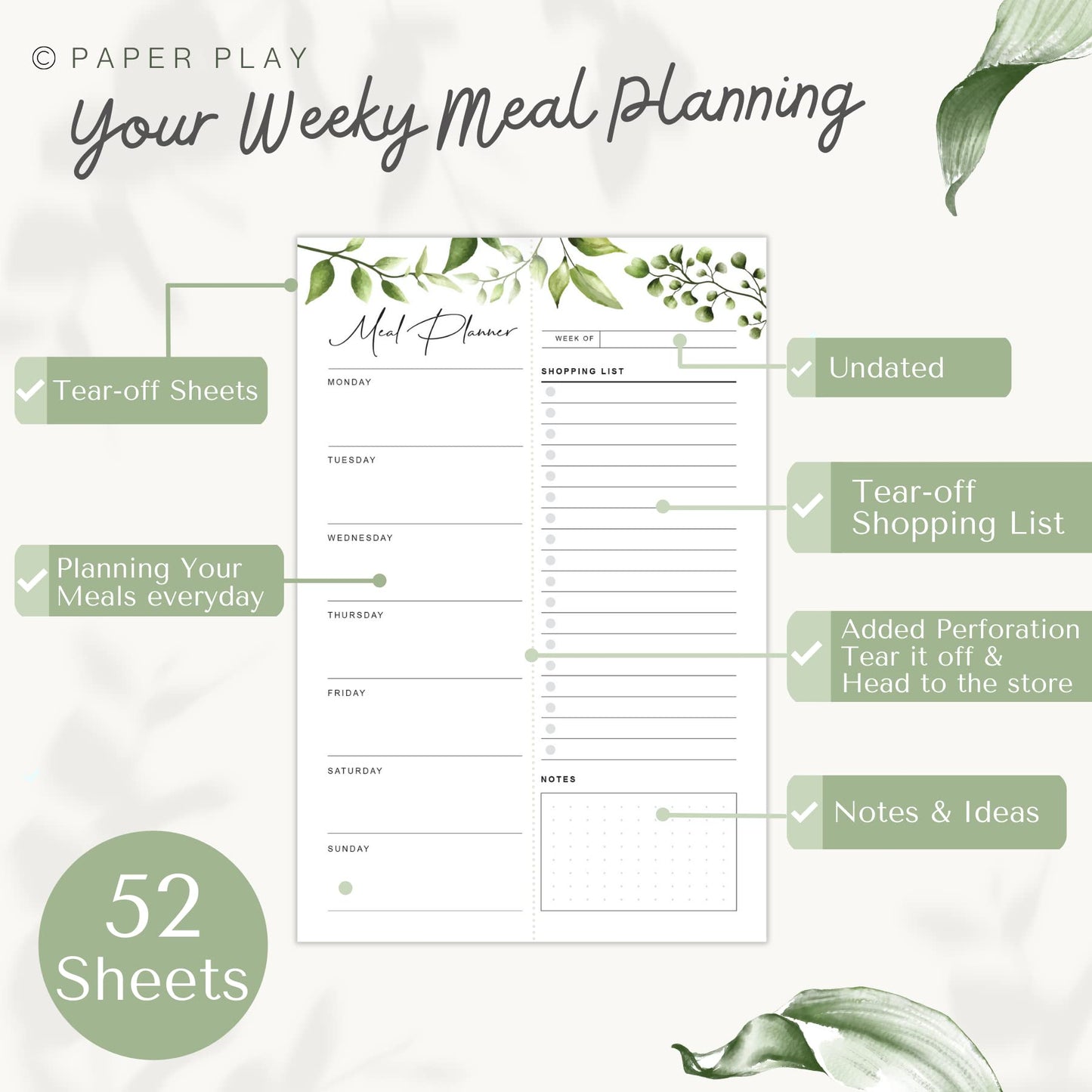 Magnetic Meal Planning Pad for Fridge 52 Undated Tear-off Sheets, 6x9 Inch Meal Planning Notepad for Meal Planner & Grocery List with Magnet, Weekly Meal Planner with Tear Off Shopping List