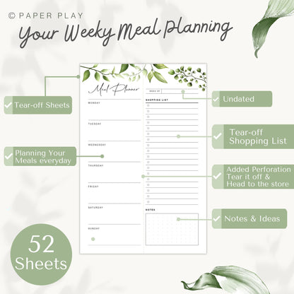 Magnetic Meal Planning Pad for Fridge 52 Undated Tear-off Sheets, 6x9 Inch Meal Planning Notepad for Meal Planner & Grocery List with Magnet, Weekly Meal Planner with Tear Off Shopping List