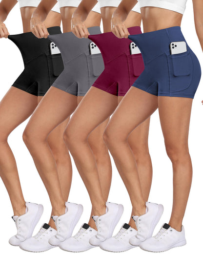 NORMOV 4 Packs Spandex Shorts for Women with Pockets, 3'' High Waisted Tummy Control Booty Yoga Shorts(Black/Dark Gray/Navy/Burgundy,M)
