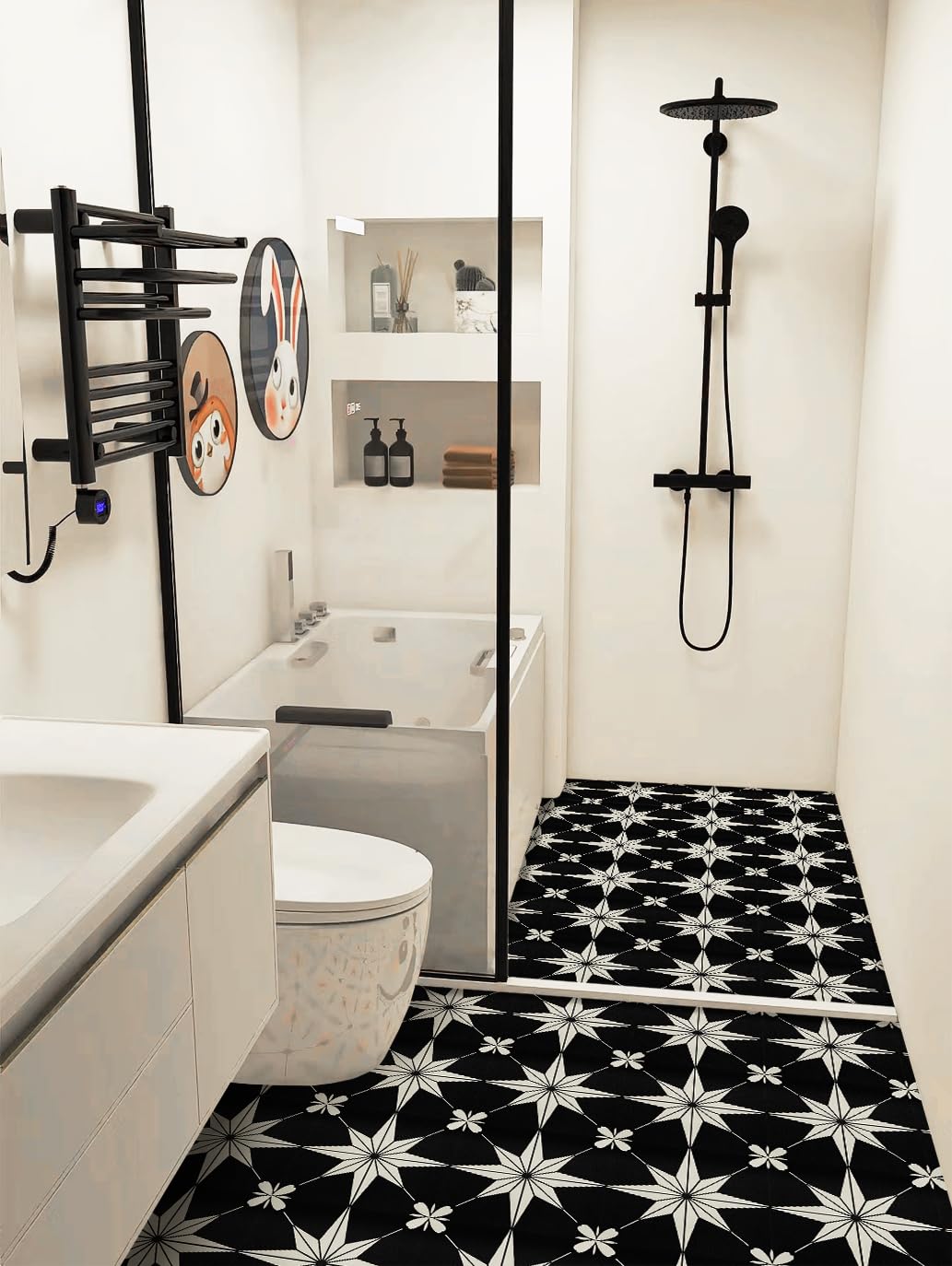 RomDeco Peel and Stick Floor Tiles: 10pc 11.81 * 11.81in Waterproof Vinyl Flooring Black and White, Easy to Install Self-Adhesive Tile Sticker for Bathroom, Kitchen, and Bedroom