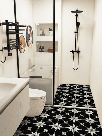 RomDeco Peel and Stick Floor Tiles: 10pc 11.81 * 11.81in Waterproof Vinyl Flooring Black and White, Easy to Install Self-Adhesive Tile Sticker for Bathroom, Kitchen, and Bedroom