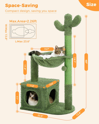 MUTTROS Cactus Cat Tree 40" Cat Tower with Large Metal Carpet Hammock, Cat Scratching Post for Indoor Cats with Condo & Replaceable Toy Ball, Green