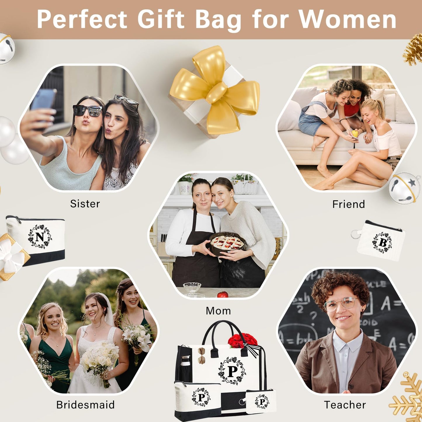 Adoryoung Monogram Personalized Initial Canvas Tote Bags for Women, Double-sided Embroidery Tote Beach Bags Gifts for Women (P)