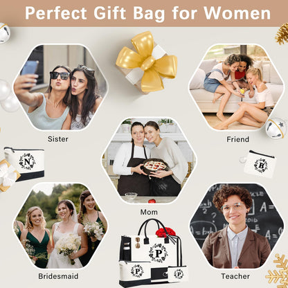 Adoryoung Monogram Personalized Initial Canvas Tote Bags for Women, Double-sided Embroidery Tote Beach Bags Gifts for Women (P)