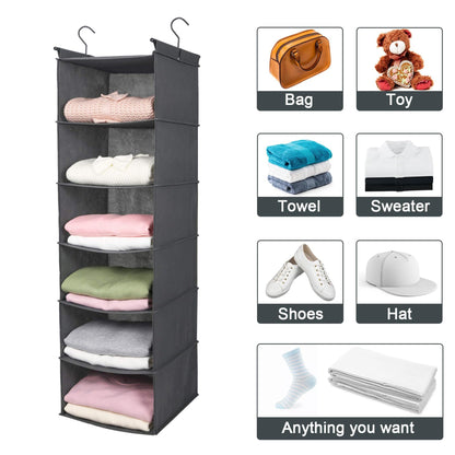 MAX Houser 6 Tier Shelf Hanging Closet Organizer, Closet Hanging Shelf with 2 Sturdy Hooks for Storage, Foldable (Grey)
