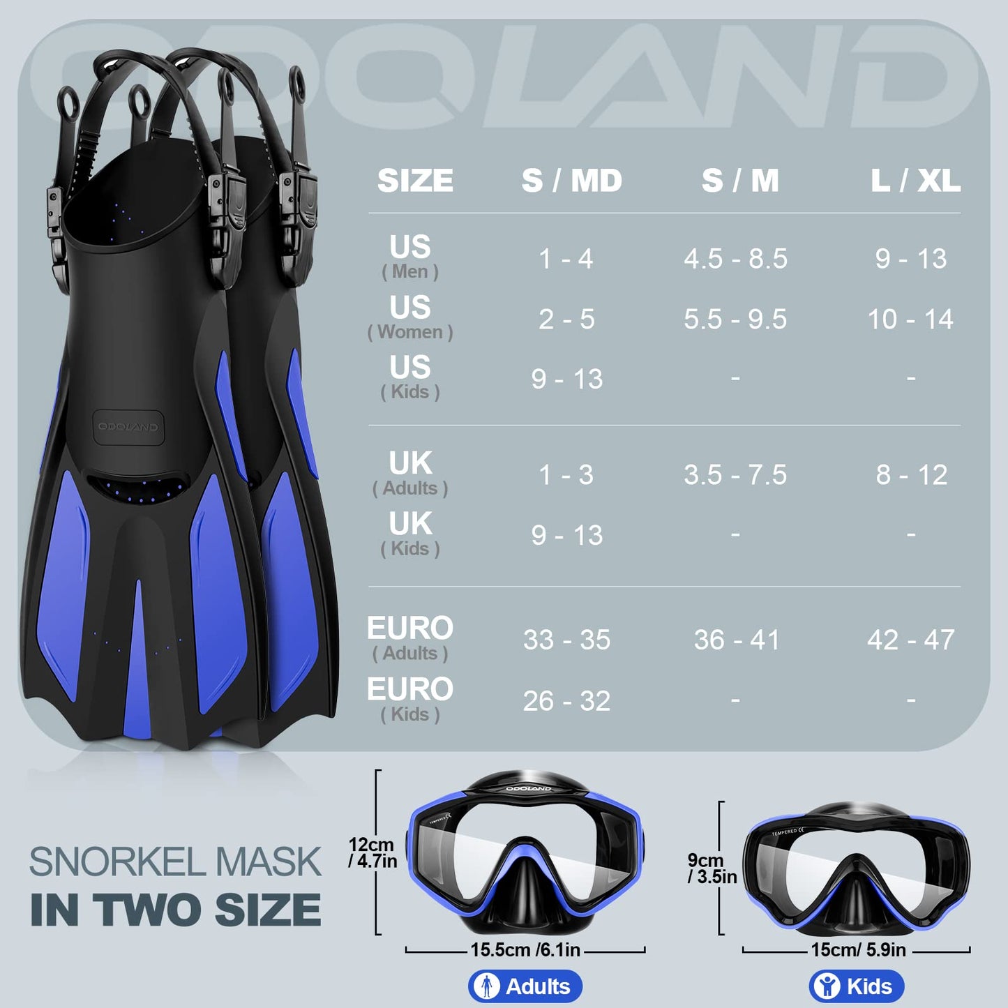 Odoland Kids Snorkeling Packages Snorkel Set, Anti-Fog and Anti-Leak Dry Top Snorkel Mask with Adjustable Swim Fins for Boys and Girls Age 7-14, Blue