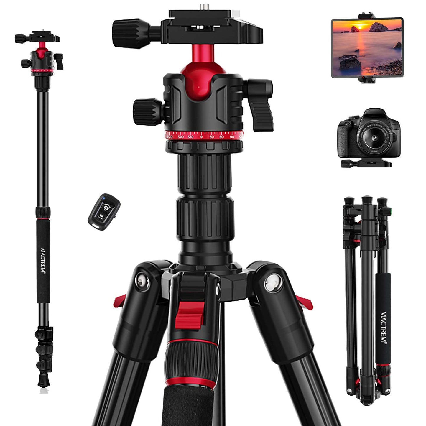 MACTREM Camera Tripod, 67 inch/172cm Aluminum Travel Tripod & Monopod with 360°Ball Head, Lightweight Camera Stand for Smartphone iPad Canon Nikon Sony Binoculars Laser Level Telescope