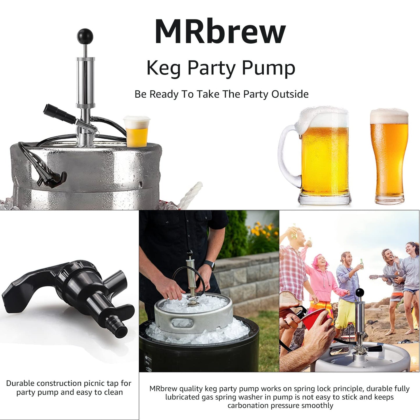 MRbrew Keg Party Pump, American D System Beer Keg Tap Keg Hand Pump 4'' Picnic Pump with Beer Faucet & Beer Hose, Chrome-Plated Keg Draft Beer Party Pump with 2 Hose Clamps Kegerator Pump for Homebrew