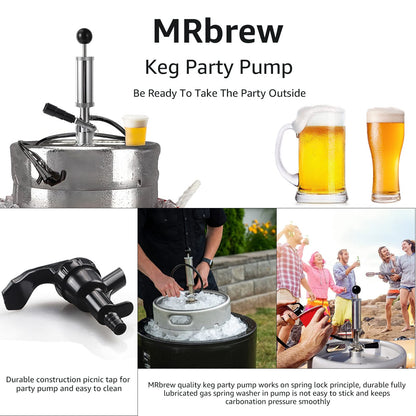 MRbrew Keg Party Pump, American D System Beer Keg Tap Keg Hand Pump 4'' Picnic Pump with Beer Faucet & Beer Hose, Chrome-Plated Keg Draft Beer Party Pump with 2 Hose Clamps Kegerator Pump for Homebrew