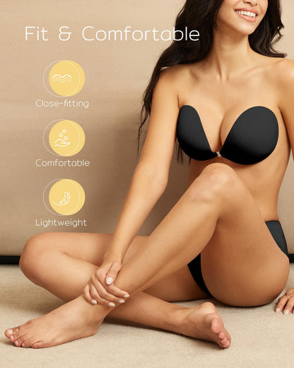 Niidor Adhesive Bra Strapless Sticky Invisible Push up Silicone Bra for Backless Dress with Nipple Covers (A Cup) Black