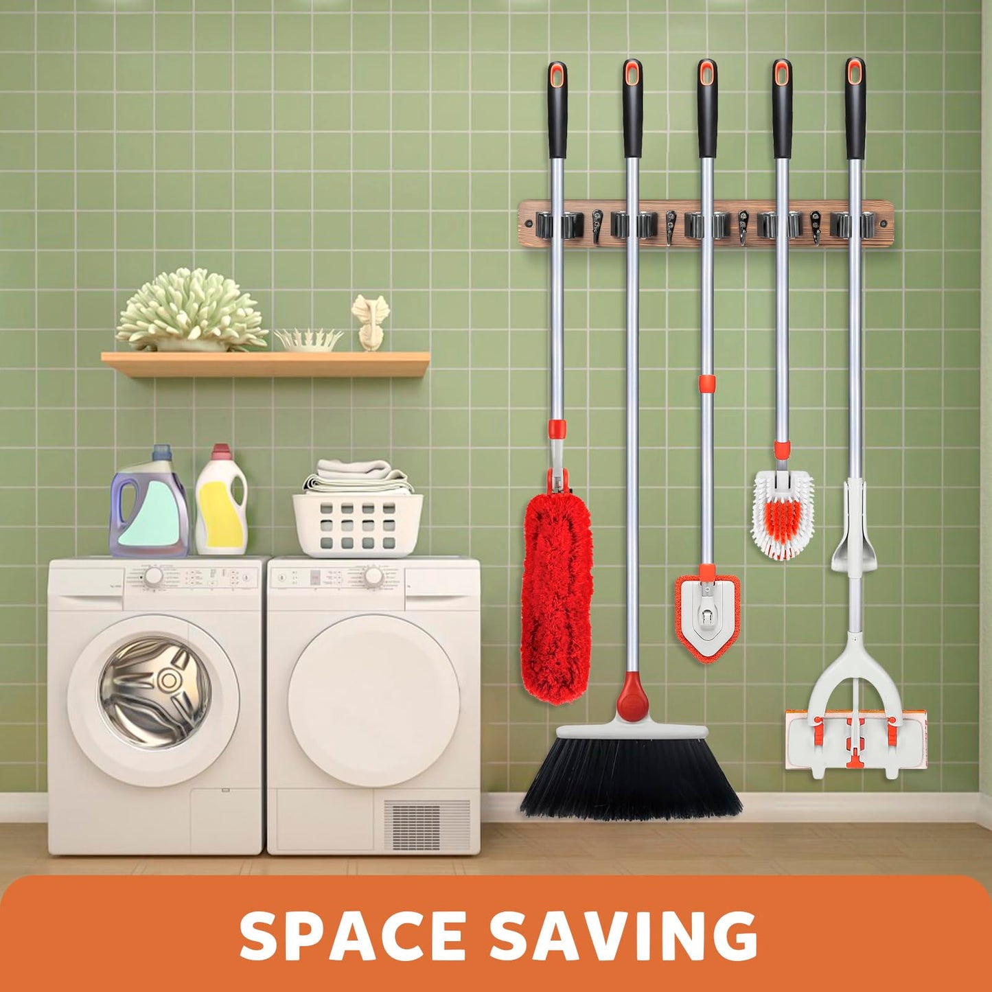 IMILLET Broom Holder Wall Mount, Rustic Wood Broom Hanger with 5 Racks and 4 Hooks, Laundry Room Organization and Storage, Mop Holder for Home Decor, Garden, Garage, Kitchen, Closet