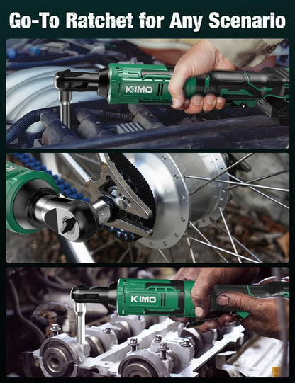 KIMO 20V Cordless Ratchet Wrench 3/8 Set, 74 Ft-lbs 400 RPM Electric Ratchet Wrench, Battery Powered Ratchet with 7 Sockets, 3" Extension Bar, 1/4" Adapter, 2-Pack Lithium-Ion Batteries, Fast Charger