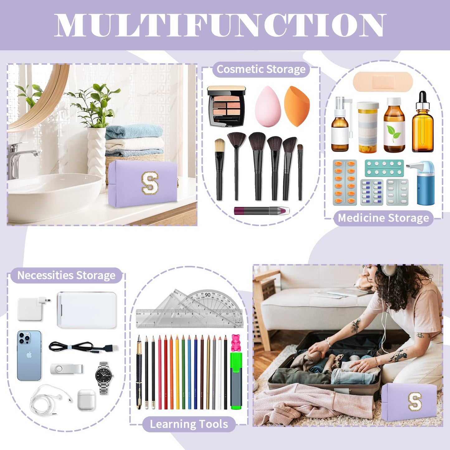 Personalized Makeup Bag Initial A-Z Preppy Patch Bag,Small PU Leather Travel Cosmetic Bag Pouch with Zipper,Purple Cute Toiletry Bag,Gift Ideal for Teen Girls Women Birthday Friend Mom,Latter S