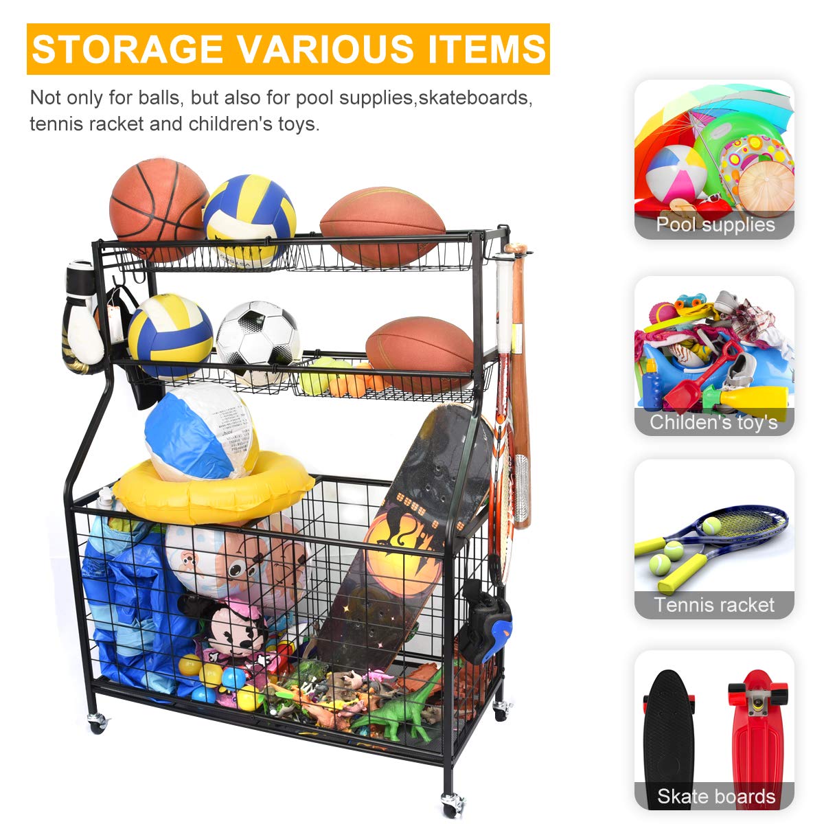 Kinghouse Sport Equipment Organizer for Garage, Steel Basketball Rack with Baseball Bat Holder and Hooks, Easy Assembly Storage for Balls, Kids' Toys, and Workout Gear in Basement, Home Gym, Outdoor