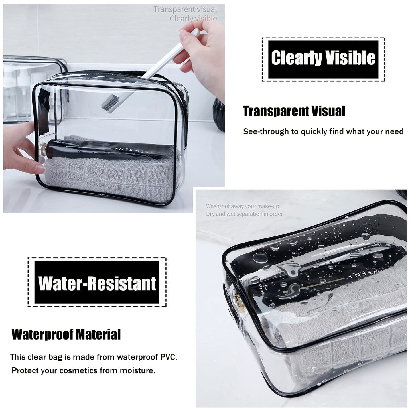 MODENGKONGJIAN TSA Approved Toiletry Bag, 3 Pcs Clear Toiletries Bags Quart Size Travel Makeup Cosmetic Bag for Women Men, Carry on Airport Airline Compliant Bag (Purple)