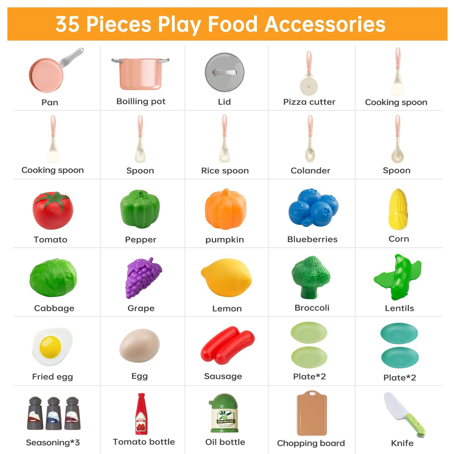 35Pcs Kids Kitchen Toy Accessories, Toddler Pretend Cooking Playset with Play Pots, Pans, Utensils, Cookware, Play Food Set, Toy Vegetables, Learning Gift for Girls & Boys (Pink)