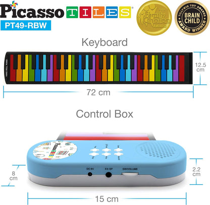 PicassoTiles® PT49 Kid's 49-Key Flexible Roll-Up Educational Electronic Digital Music Piano Keyboard w/Recording Feature, 8 Different Tones, 6 Educational Demo Songs & Build-in Speaker - Rainbow