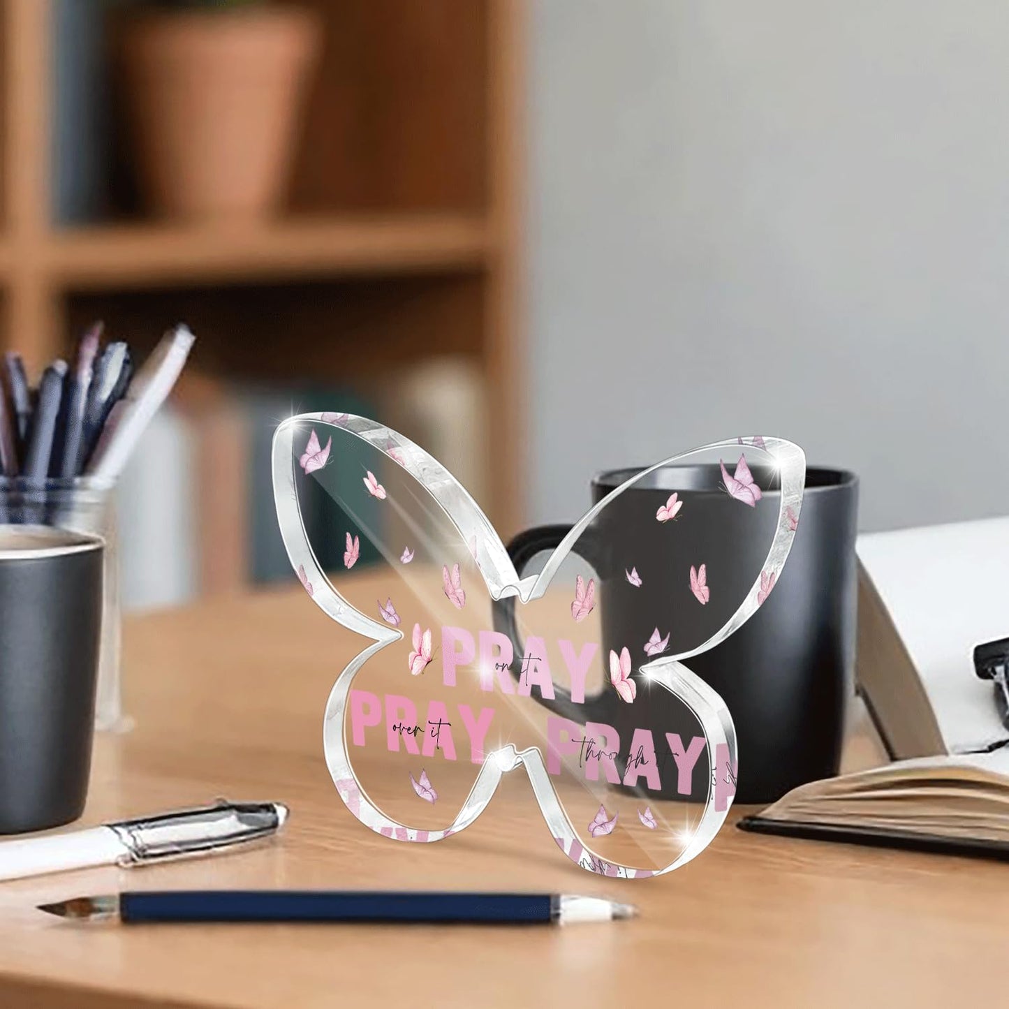 Pink Christian Gifts for Women, Religious Plaques Christian Woman Decor Gifts, Modern Home Office Room Bathroom Bedroom, Pray On It Over It Acrylic Sign for Teacher Boss Friend(Butterfly)