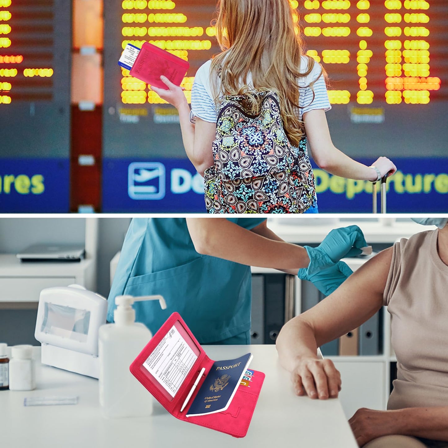 ACdream RFID BLOCKING Passport Holder Travel Wallet - Premium PU Leather Cover Passport book with Card Holder, Pen Slot, Keep Organization, and Travel Essentials for Women and Men,Hot Pink