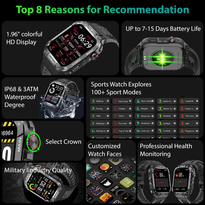 Military Smart Watch for Men with Call Function,Fitness Smartwatch for Android Phones and iPhone,Waterproof Fitness Tracker with Blood Oxygen/Heart Rate/Sleep/100+ Sport Modes, Watches for Men
