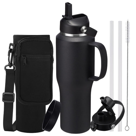 32 40 OZ Stainless-Steel Cup with Handle - Vacuum Insulated Water Bottles with Straw, Strap Carrier Bag & Protective Boot, Leak Proof Coffee Tumbler Thermo Flask Cups for Car Office Gym