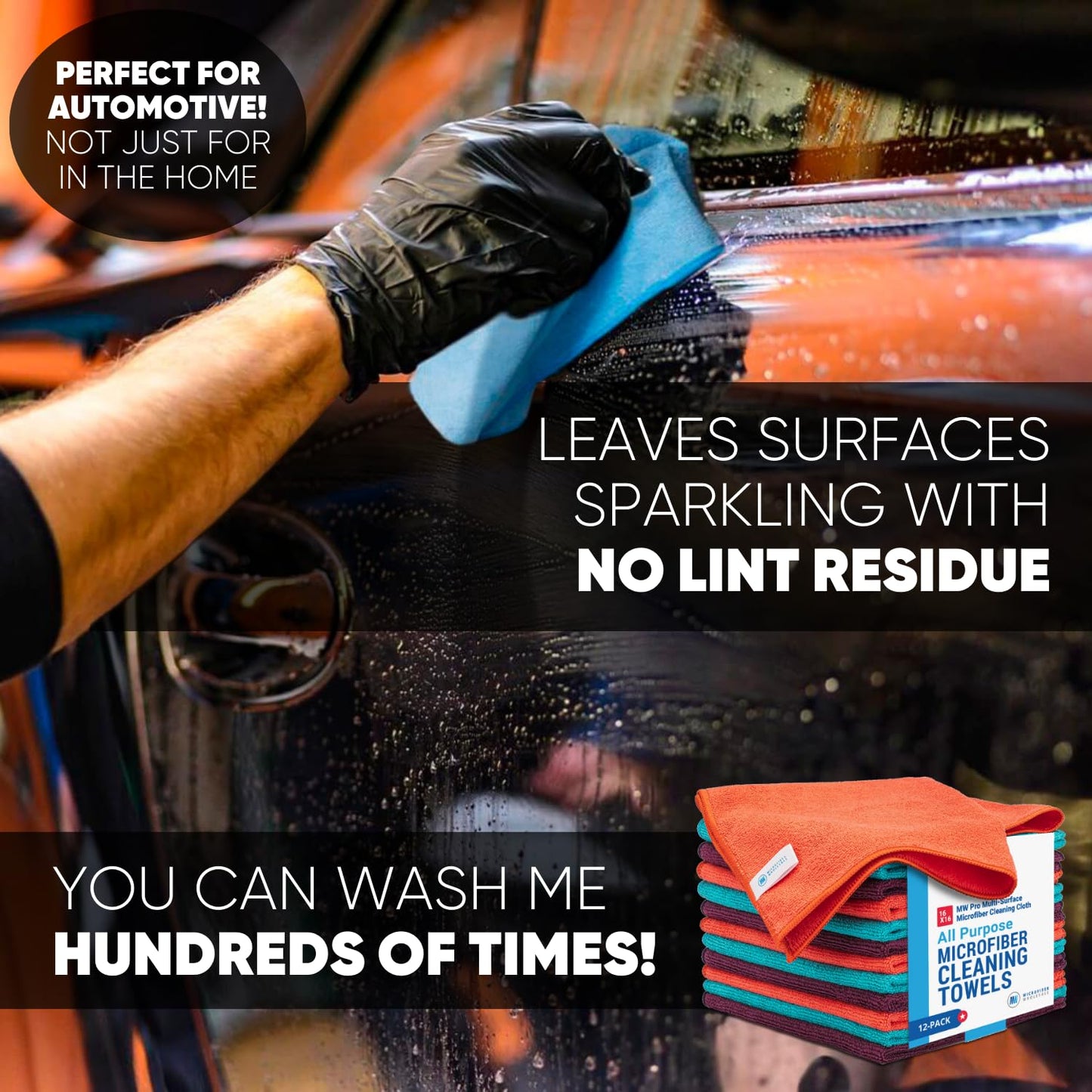 MW Pro Microfiber Cleaning Cloth | Black Gray Blue | 12 Pack | 16” x 16” | All Purpose Microfiber Towels - Clean, Dust, Polish, Scrub, Absorbent