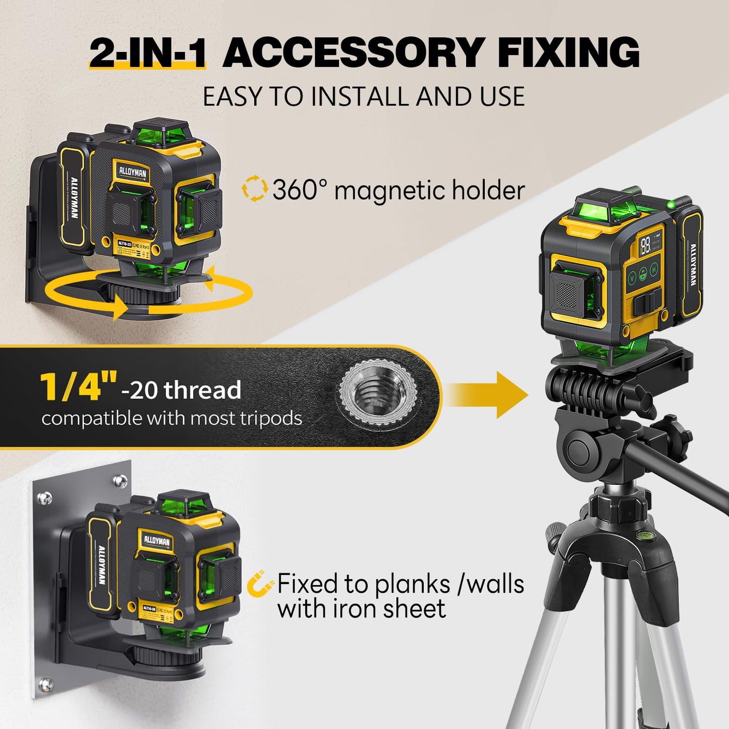 Laser Level with Tripod,Alloyman 4x360° Self Leveling Laser Level,Green Line Laser 4D Laser Leveler Tool with 2Pcs Lithium Batteries for Picture Hanging, Tile, Home Renovation, Indoor