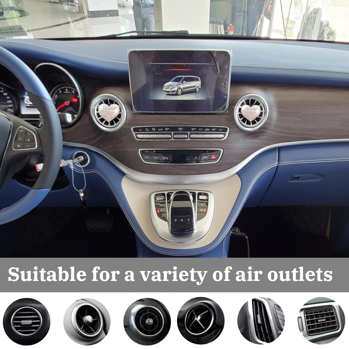 Osilly Car Bling Air Vent Clips, 2 Pcs Bling Heart Charm Air Conditioning Outlet Clip, Crystal Rhinestone Accessories, Sparkly Car Interior Decoration Cute Accessories for Women Girls（White）