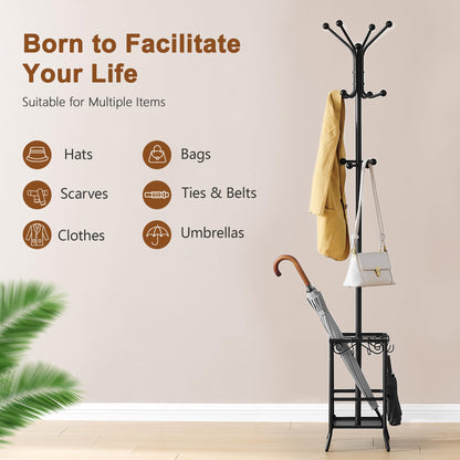 Hoctieon Coat Rack Freestanding, Entryway Hanger Stand, Umbrella Holder, Hall Tree With 12 Hooks, Floor Standing Metal Tree Stand, Black