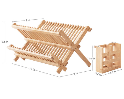 HBlife Dish Rack, Bamboo Folding 2-Tier Collapsible Drainer Dish Drying Rack with Utensils Flatware Holder Set (Dish Rack with Utensil Holder)