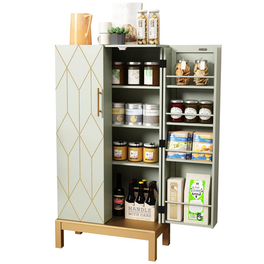 HOLTICO 45'' Kitchen Food Pantry Storage Cabinet with Doors and Adjustable Shelves for Kitchen,Dining Room,Living Room and Garage,Gold Lines and Legs,Green.