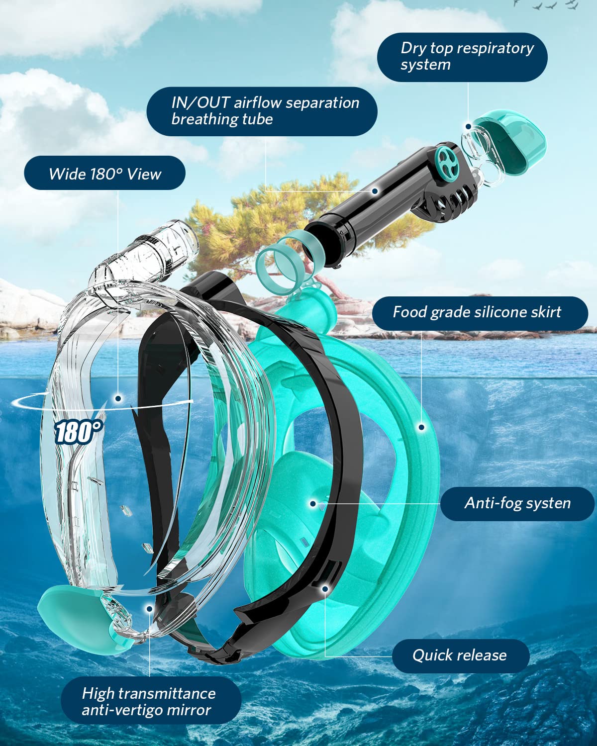QingSong Full Face Snorkel Mask for Adults, Snorkeling Gear with Camera Mount, 180 Degree Panoramic View Snorkel Set Anti-Fog Anti-Leak