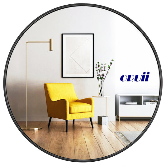 Oruii Round Mirror, Black Round Mirror 24 inch, Circle Wall Mirrors Metal Frame, Circular Mirrors for Wall, Living Room, Bathroom, Vanity, Entryway, Hallway.