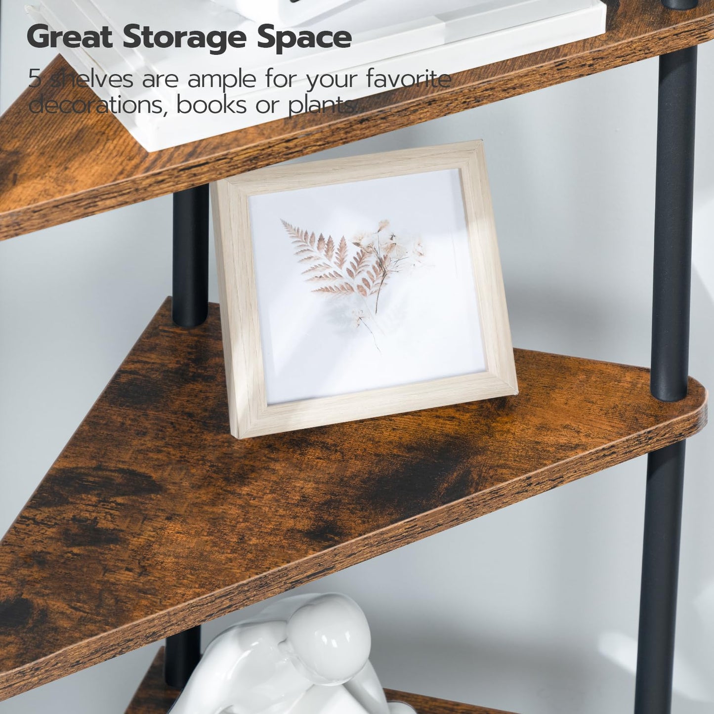 HOOBRO Corner Shelf Stand, Industrial 5-Tier Corner Bookshelf with Metal Frame, Plant Display Shelf, Small Bookcase for Small Spaces, Bedroom, Living Room, Rustic Brown BF33CJ01