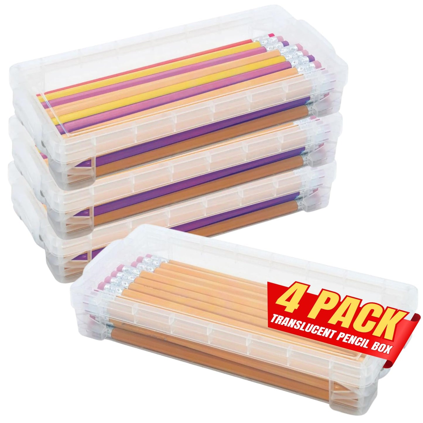 1InTheOffice Pencil Box, Stackable Translucent Clear 8.25 x 1.5 x 4 Inches, (4 Pack)