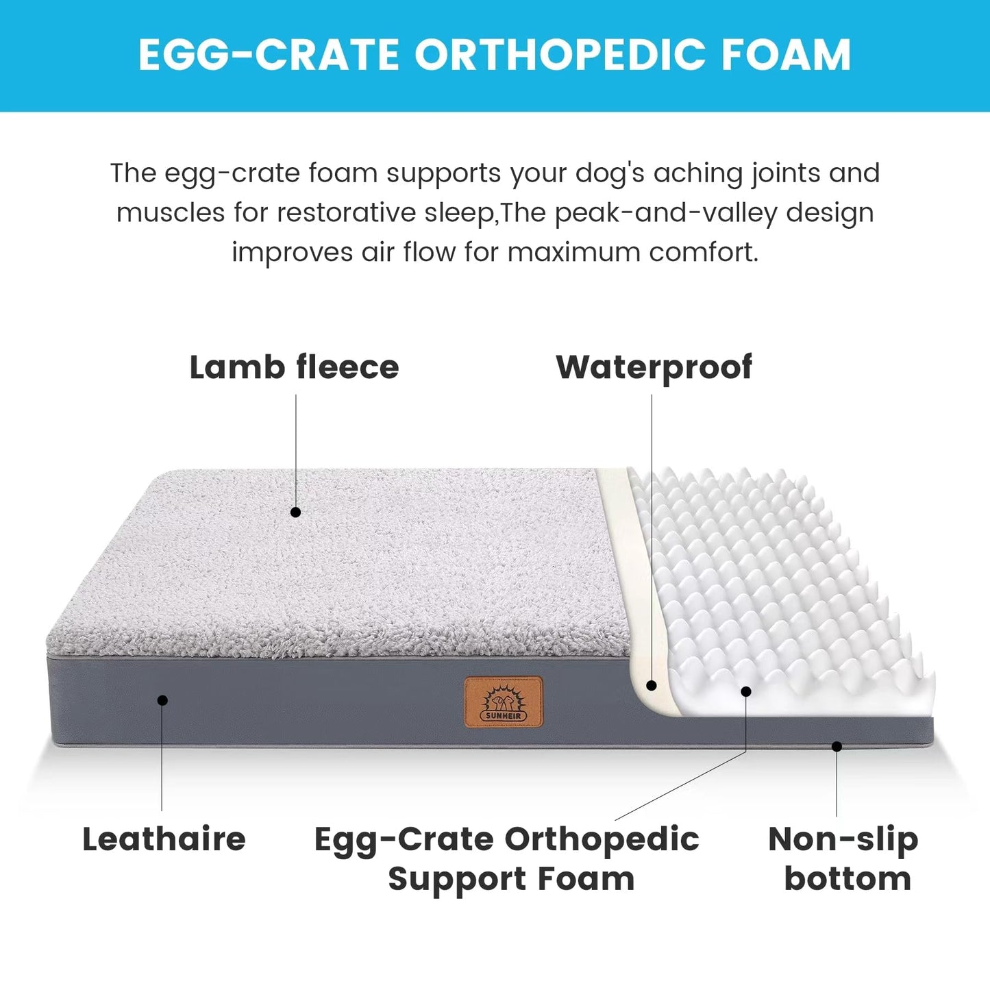 Orthopedic Dog Bed for Large Dogs - Big Waterproof Dog Crate Bed with Removable Washable Cover, Egg Crate Foam Support, Anti-Slip Bottom, Deluxe Plush Pet Bed Mat (Grey)
