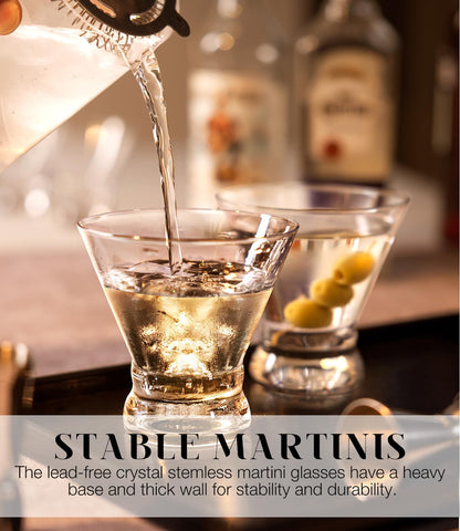 LUNA & MANTHA Martini Glasses Set of 4, Stemless Martini Cocktail Glasses for Margarita, Manhattan, Cosmopolitan, Home Bar, Evening Parties, Birthdays, Housewarming Gift, Crystal Clear 8 OZ