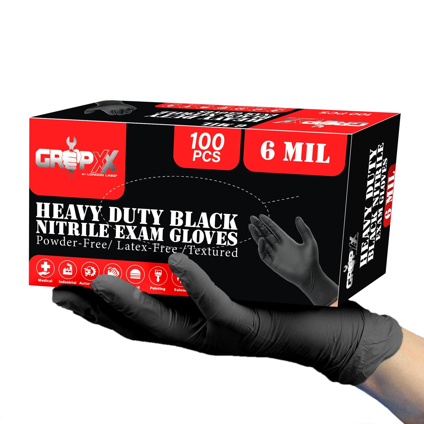 London Labs Heavy Duty 6 Mil Black Nitrile Gloves - Disposable, Latex & Powder Free | Mechanic, Food Prep & Tattoo | Rubber Gloves for Cooking, Cleaning & Household | Pack of (100)