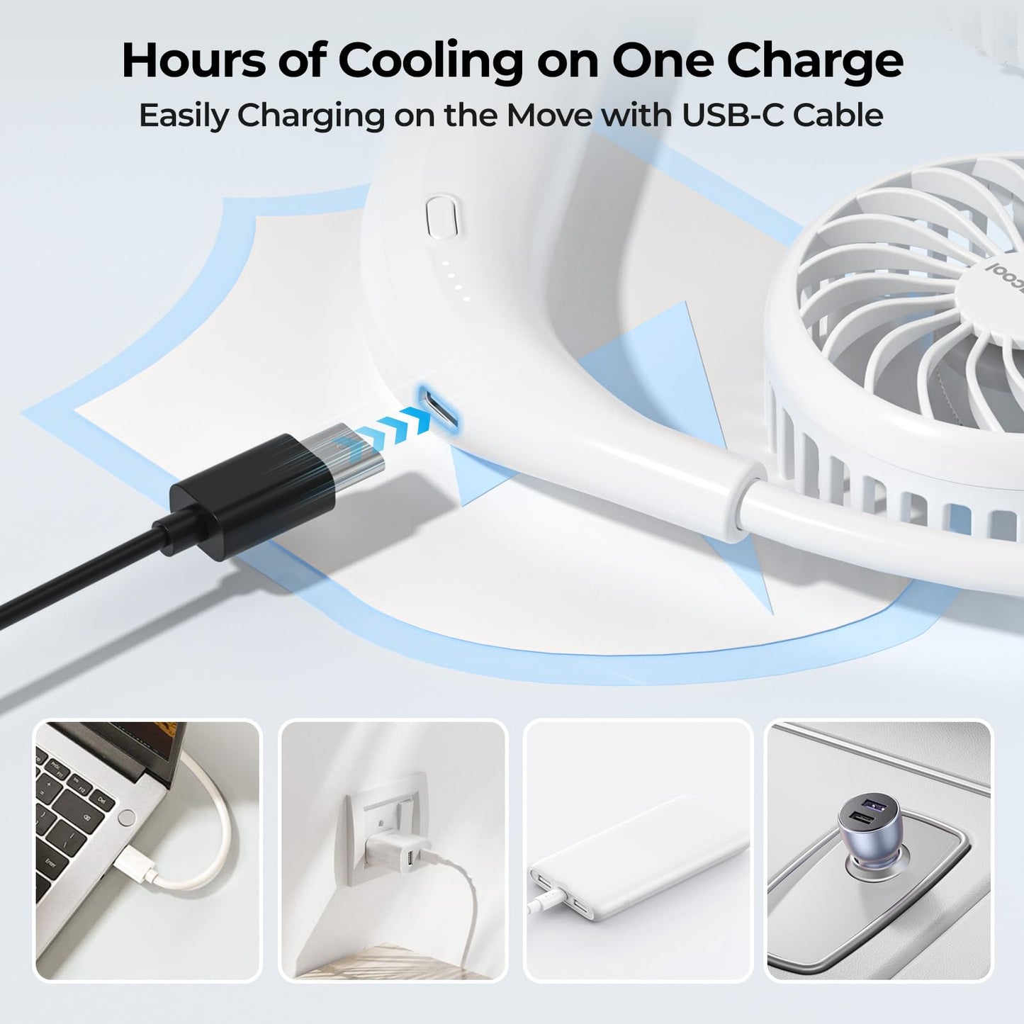 AMACOOL Neck Fan Battery Operated Neckband Fan Hand-Free Wearable Personal Fan for Hot Flashes Home Office Travel Outdoor Sports (White)