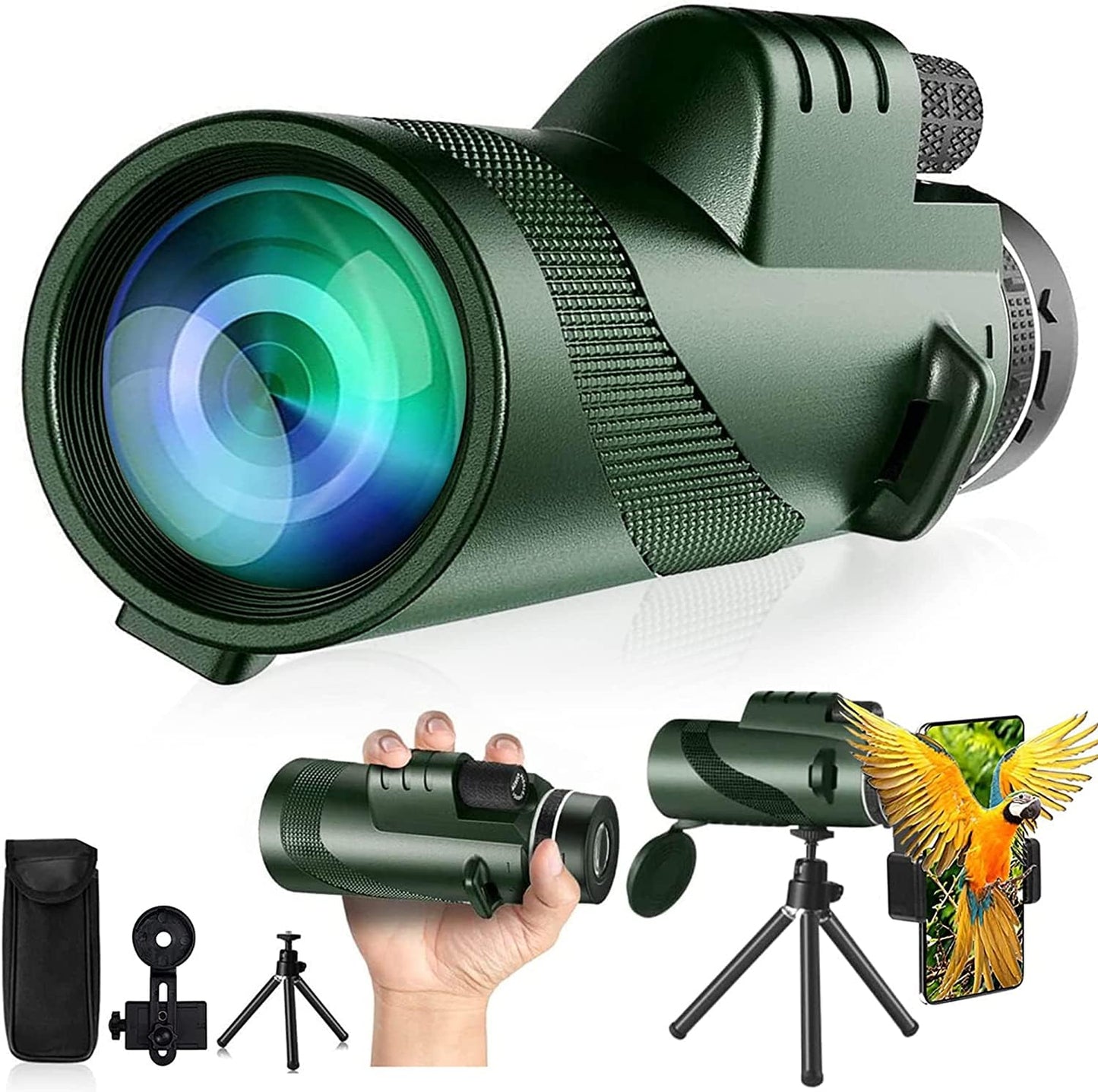 Monocular-Telescope 80x100 High Definition for Adults High Powered with Smartphone Adapter Telescope Hunting Wildlife Bird Watching Travel Camping Hiking-Green-1