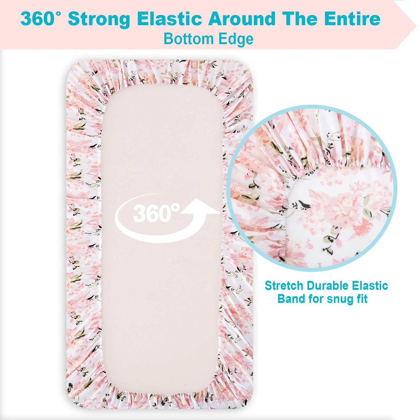 Little Grape Land Pack and Play Sheets Mini Crib Sheets Soft Breathable Pack N Play Sheets, Playard Fitted Sheet 2 Pack Stretchy Fits 38"x26" Playard Mattress, Pink Floral