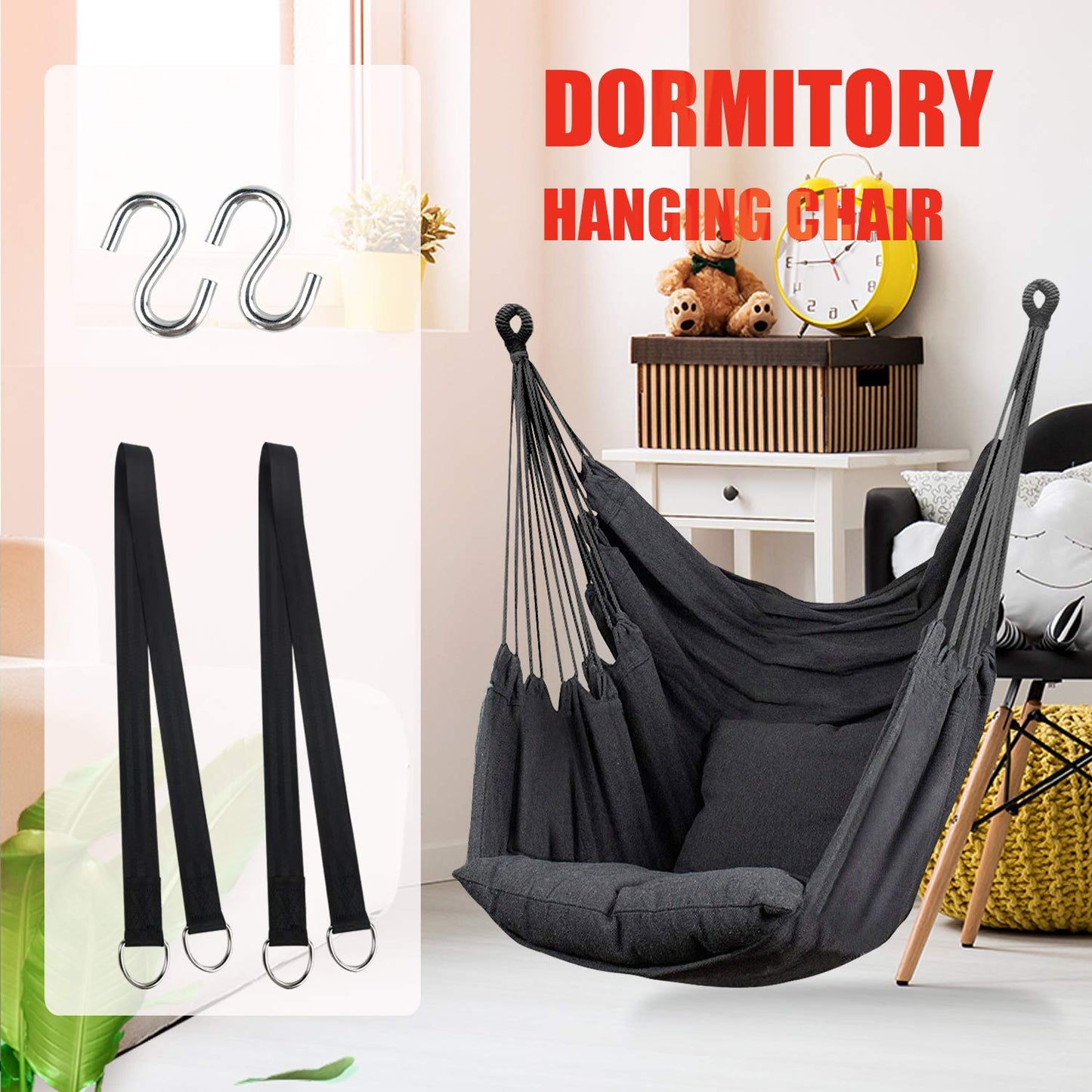 Hommtina Hammock Chair Hanging Rope Swing, Max 300 Lbs Hanging Chair with Pocket & Durability Perfect for Outdoor, Home, Bedroom, Patio, Yard (Pillows NOT Included,Dark Gray)