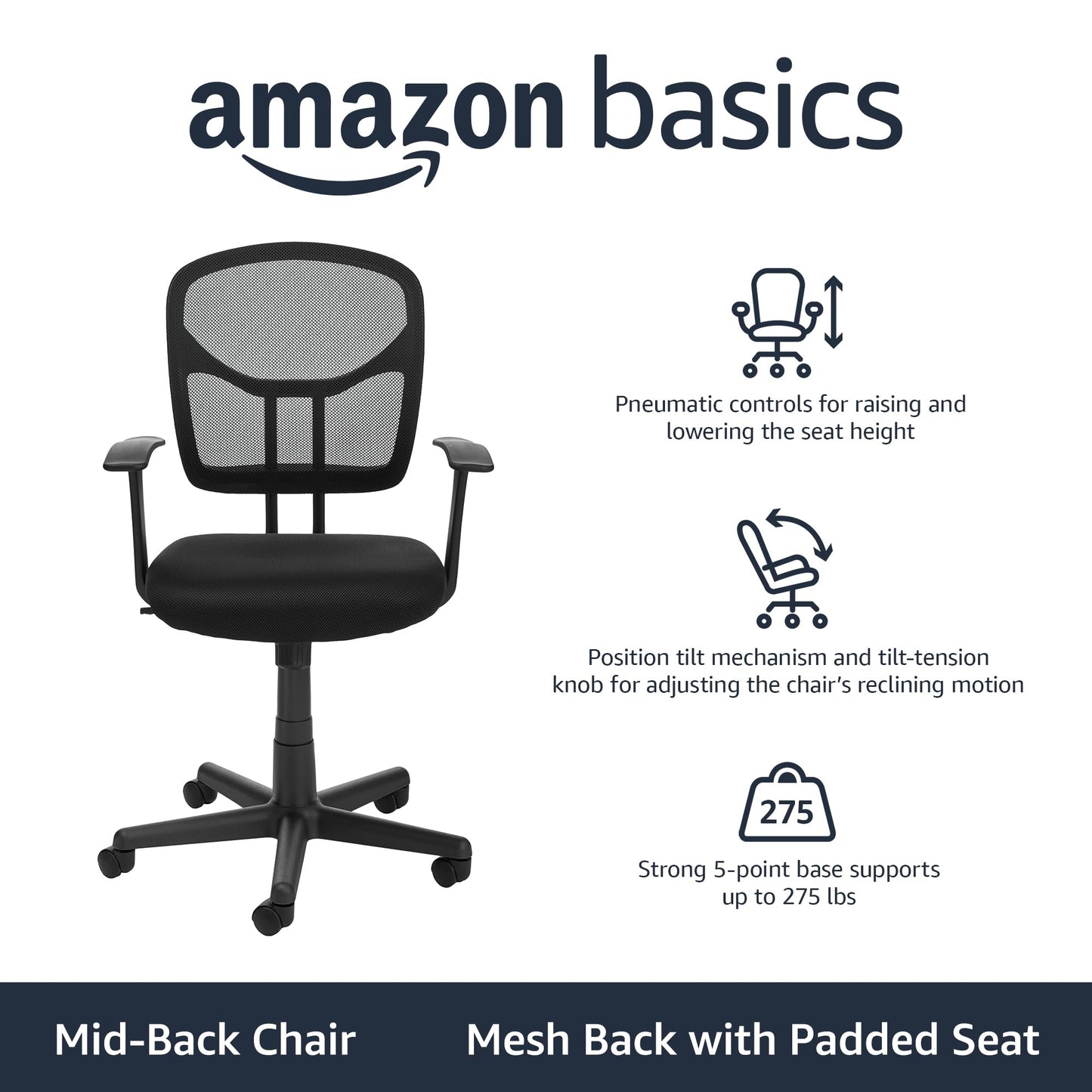 Amazon Basics Mesh Mid-Back Adjustable-Height 360-Degree Swivel Office Desk Chair with Armrests, Lumbar Support and Easy to Assemble, Black