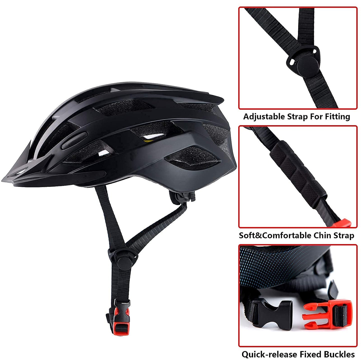 Adult Bike Helmets, Adjustable Mens Womens Bicycle Helmet, Lightweight Road Mountain Cycling Safety Sports Helmets with Detachable Visor Black