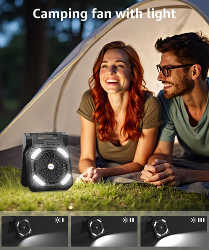 lynker Camping Fan Solar Powered with LED Lantern & Power Bank, Portable Rechargeable Battery Operated, 4 Speeds, 35dB Ultra-Quiet, 8H Timer, Foldable Fan for Tent, RV, Emergency, Hiking (Black)