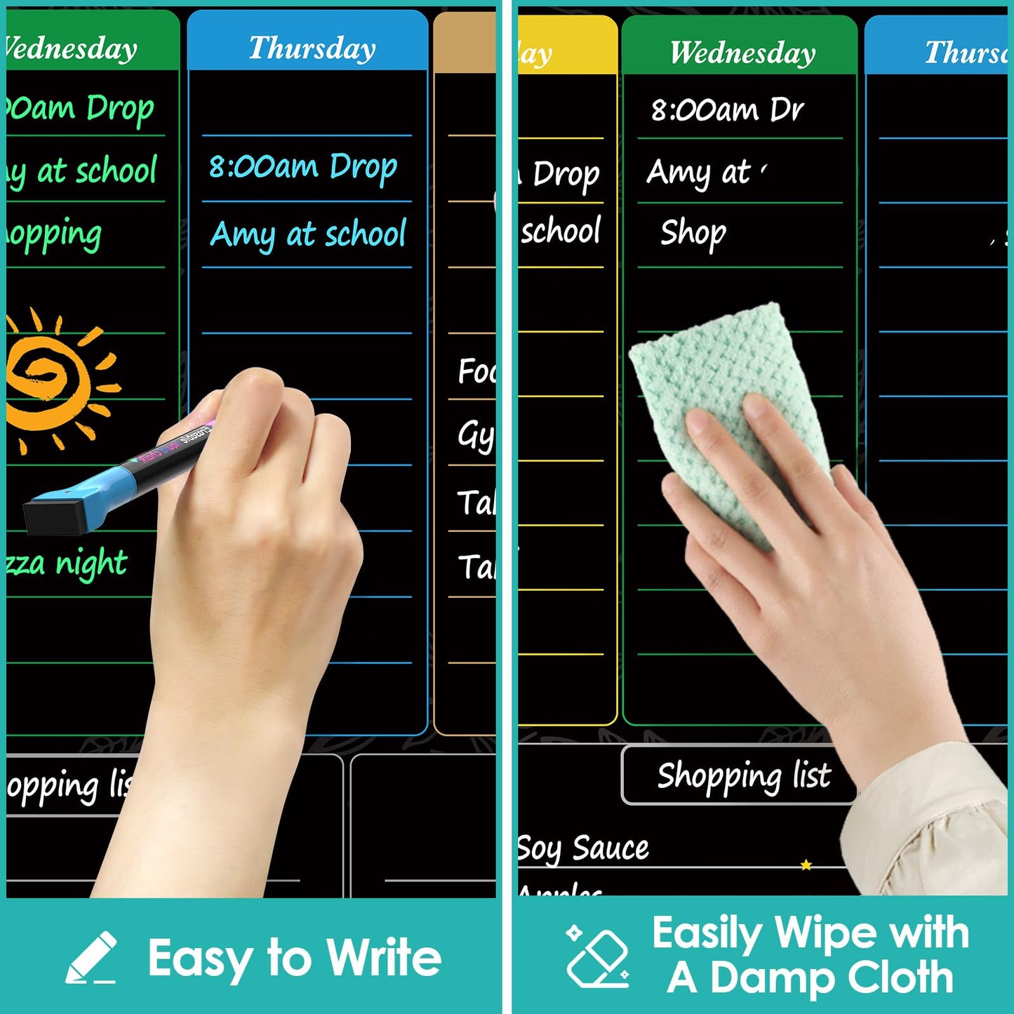 MaxGear Black Weekly Dry Erase Board,16"x12" Magnetic Whiteboard Meal Planner Blackboard for Fridge, Chalkboard Calendar Menu Planning Board Notepad for Kitchen with 7 Markers and 1 Eraser