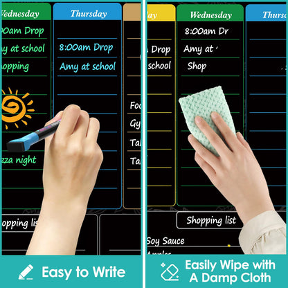 MaxGear Black Weekly Dry Erase Board,16"x12" Magnetic Whiteboard Meal Planner Blackboard for Fridge, Chalkboard Calendar Menu Planning Board Notepad for Kitchen with 7 Markers and 1 Eraser