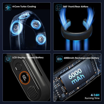 OLV Rechargeable 4 Turbo 6000mAh Portable Neck Fan - 360 Cooling Airflow, 3 Speeds, LED Battery Display, Foldable, Bladeless - Personal Fan for Work, Travel, Outdoor Activities - Black