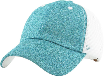 KBETHOS® Original Glitter Fabric Mesh Trucker Ponytail Cap, Aqua
